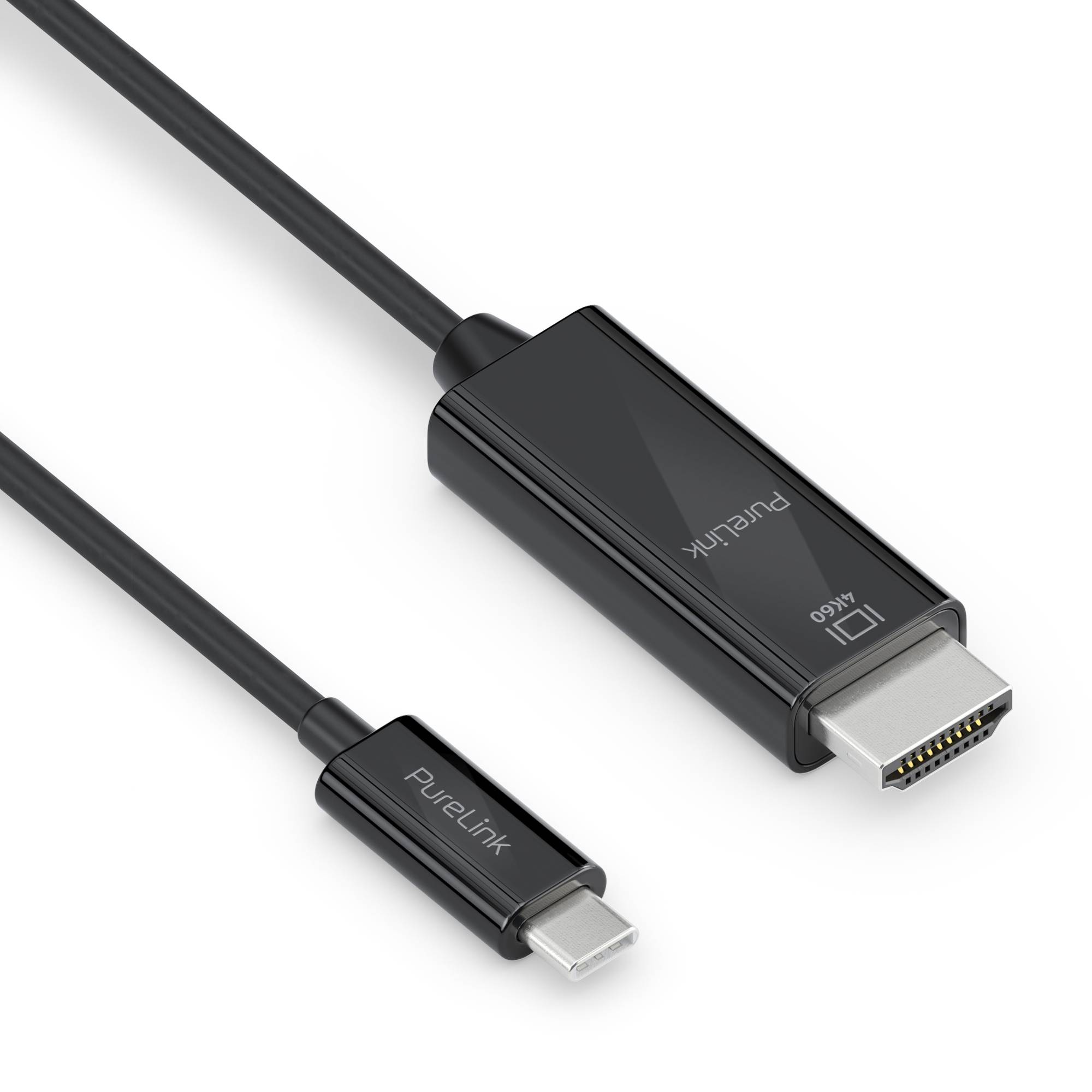 USB-C-auf-HDMI-Adapterkabel mit PureLink-Branding, dargestellt mit einem USB-C-Stecker und HDMI-Anschluss auf weißem Hintergrund.