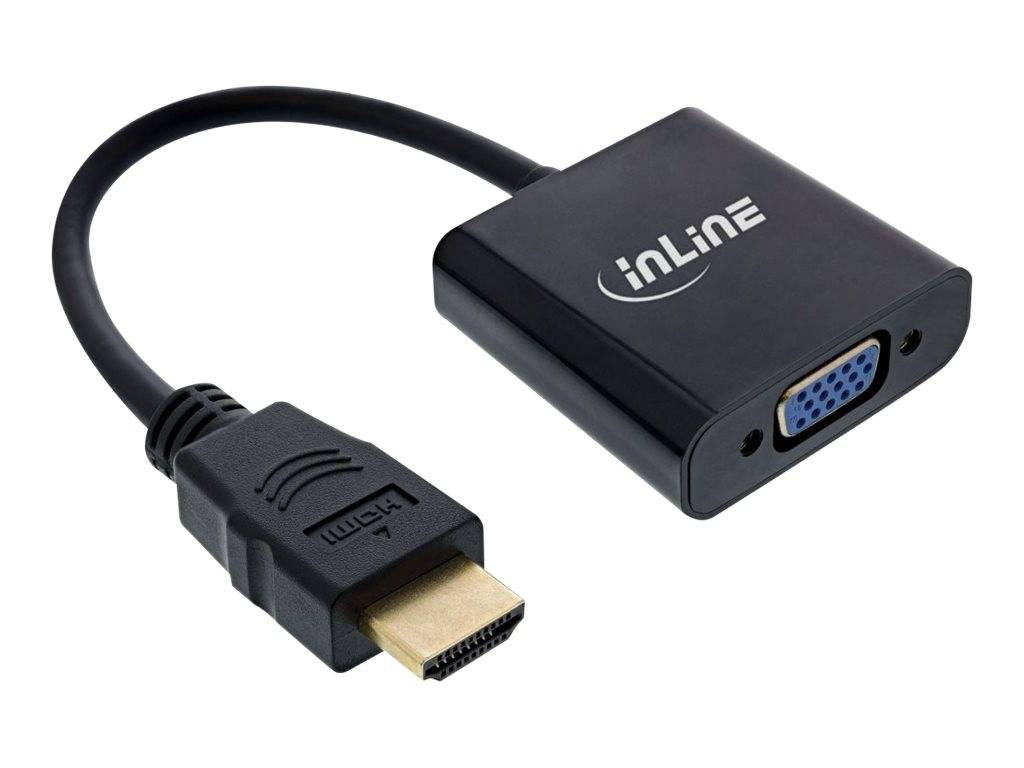 HDMI-Stecker auf VGA-Buchse Adapterkabel mit integriertem Konvertergehäuse, gezeigt auf weißem Hintergrund.