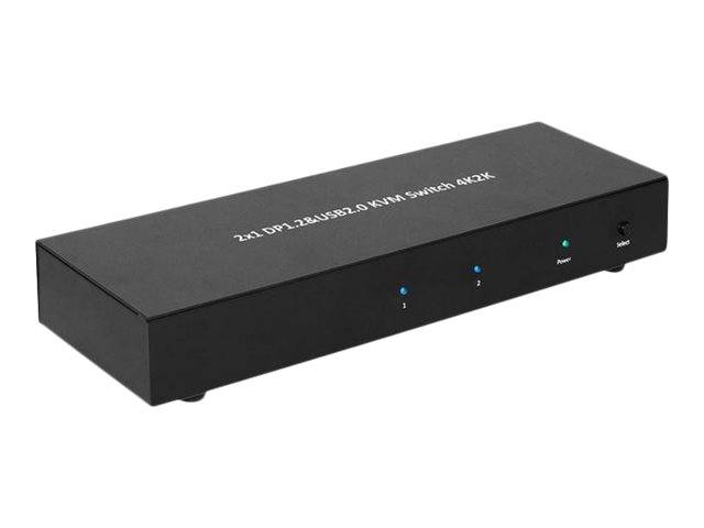 Ein schwarzer KVM-Schalter mit der Aufschrift „2x1 DP1.2&USB2.0 KVM Switch 4Kx2K