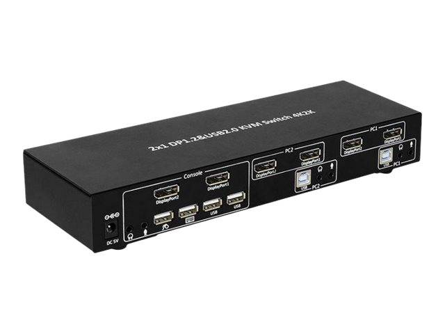 KVM-Schalter mit dualen DisplayPort-, USB- und Audioverbindungen, gekennzeichnet für zwei PCs. Entwickelt zur Steuerung mehrerer Computer mit einem Setup.