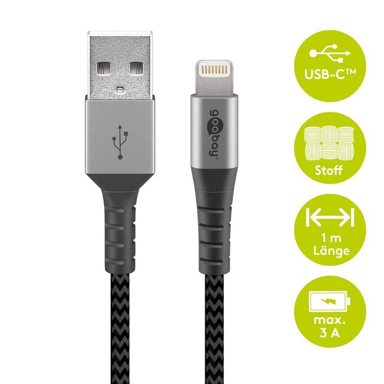 goobay Lightning auf USB-A Textilkabel mit Metallsteckern space grau/silber 1 m (1er Softpack)