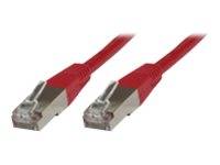 Ein rotes Ethernet-Kabel mit Metallsteckern an beiden Enden, verwendet für Netzwerkverbindungen.