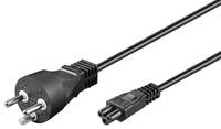 Ein schwarzes Stromkabel mit einem runden Stecker auf der einen Seite und einem zweipoligen Stecker auf der anderen Seite, das zum Verbinden von elektronischen Geräten verwendet wird.