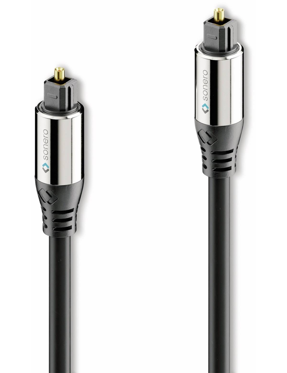 Zwei optische Audiokabel mit schwarzen Kabeln und silbernen Steckern, nebeneinander auf weißem Hintergrund gezeigt.