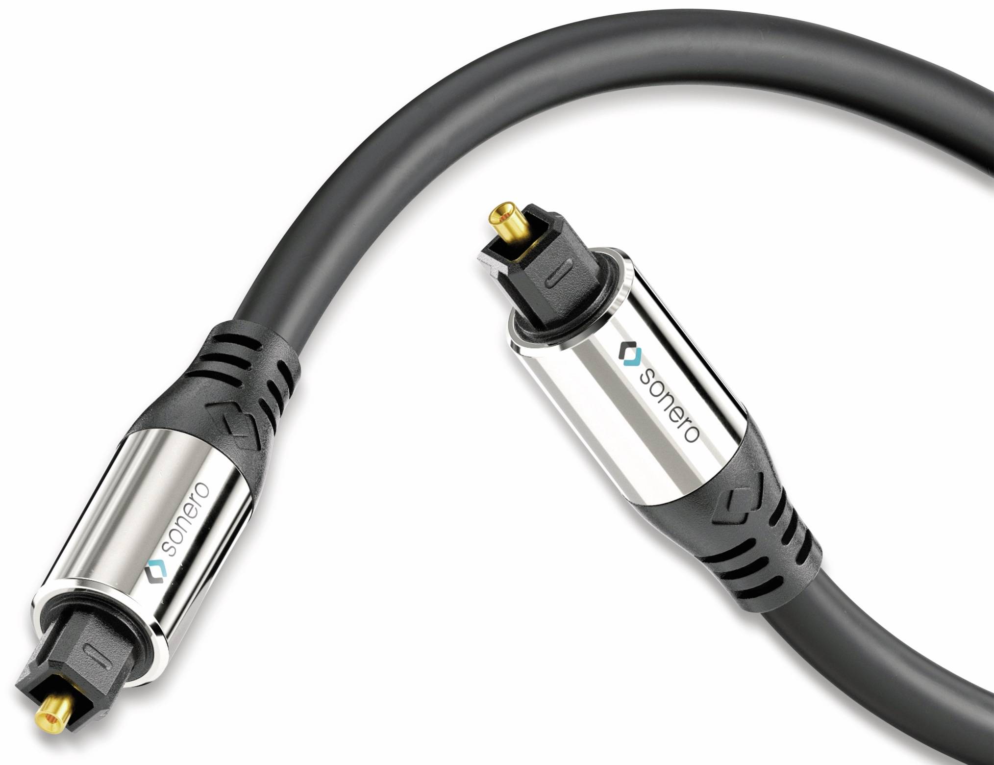 Nahaufnahme eines schwarzen optischen Audiokabels mit zwei Toslink-Steckern, Marke 