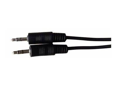 Zwei schwarze 3,5-mm-Audio-Stecker auf angebrachten Kabeln, nebeneinander auf weißem Hintergrund dargestellt.