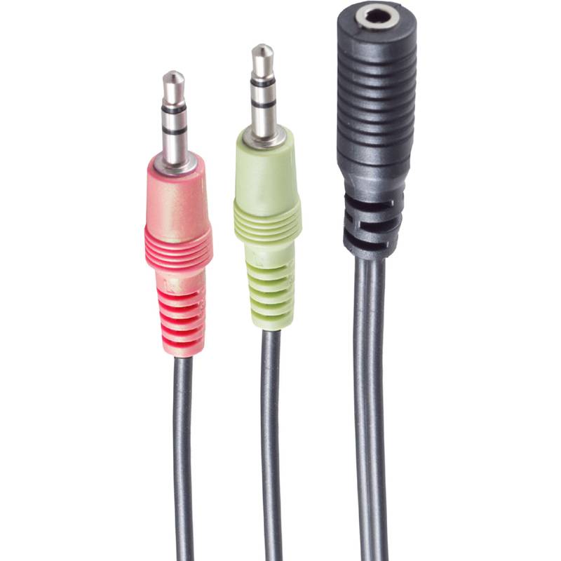 Drei Audioadapterstecker mit farbigen 3,5-mm-Steckern und einer schwarzen Buchse auf Kabeln, dargestellt auf weißem Hintergrund.