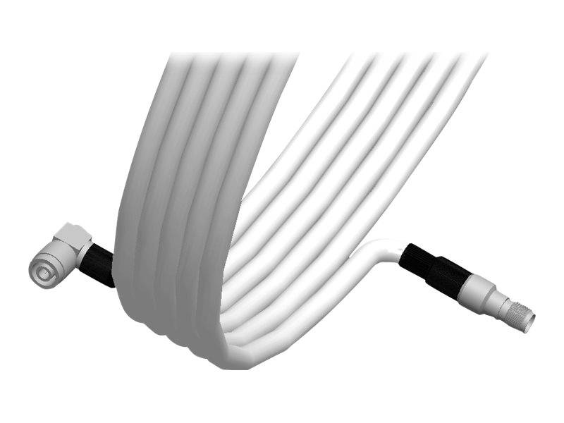 Aufgewickeltes weißes Kabel mit schwarzen und silbernen Steckern an beiden Enden, dargestellt als Produktabbildung auf weißem Hintergrund.