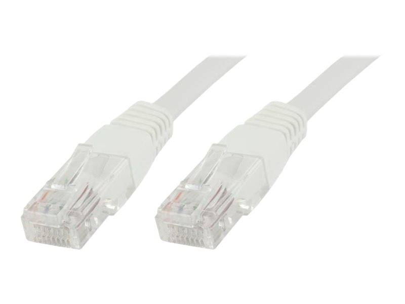 Zwei weiße Ethernet-Kabel mit transparenten Steckern, die für Netzwerkverbindungen verwendet werden.