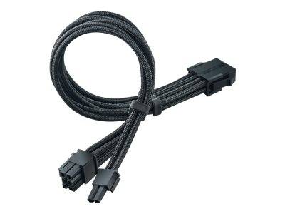 Schwarzes Stromkabel für Computer mit Ärmeln und drei Anschlüssen, einschließlich einem großen Stecker und zwei kleineren Steckern, aufgerollt auf weißem Hintergrund.