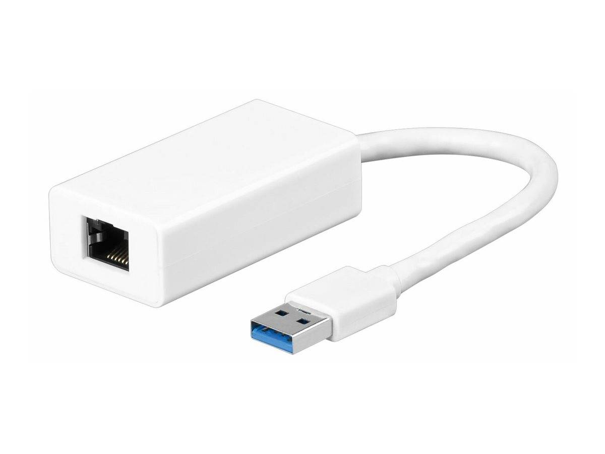 Weißes USB 3.0 zu Ethernet-Adapterkabel mit USB-A-Stecker und RJ45-Netzwerkport.