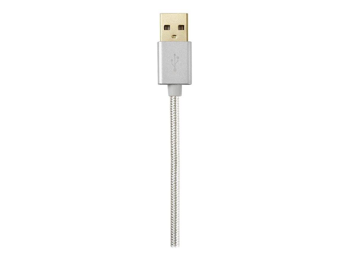 Geflochtenes USB-Kabel mit silbernem USB-A-Stecker, vertikal auf weißem Hintergrund dargestellt.