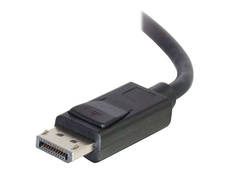Nahaufnahme eines schwarzen DisplayPort-Kabelsteckers mit geformtem Stecker und angeschlossenem Kabel auf weißem Hintergrund.
