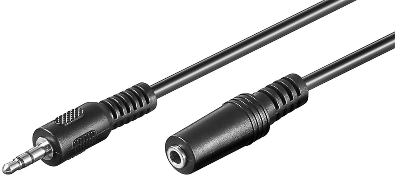 Nahaufnahme eines 3,5-mm-Audiokabels mit Stecker auf einer Seite und Buchse auf der anderen Seite, gezeigt auf weißem Hintergrund.