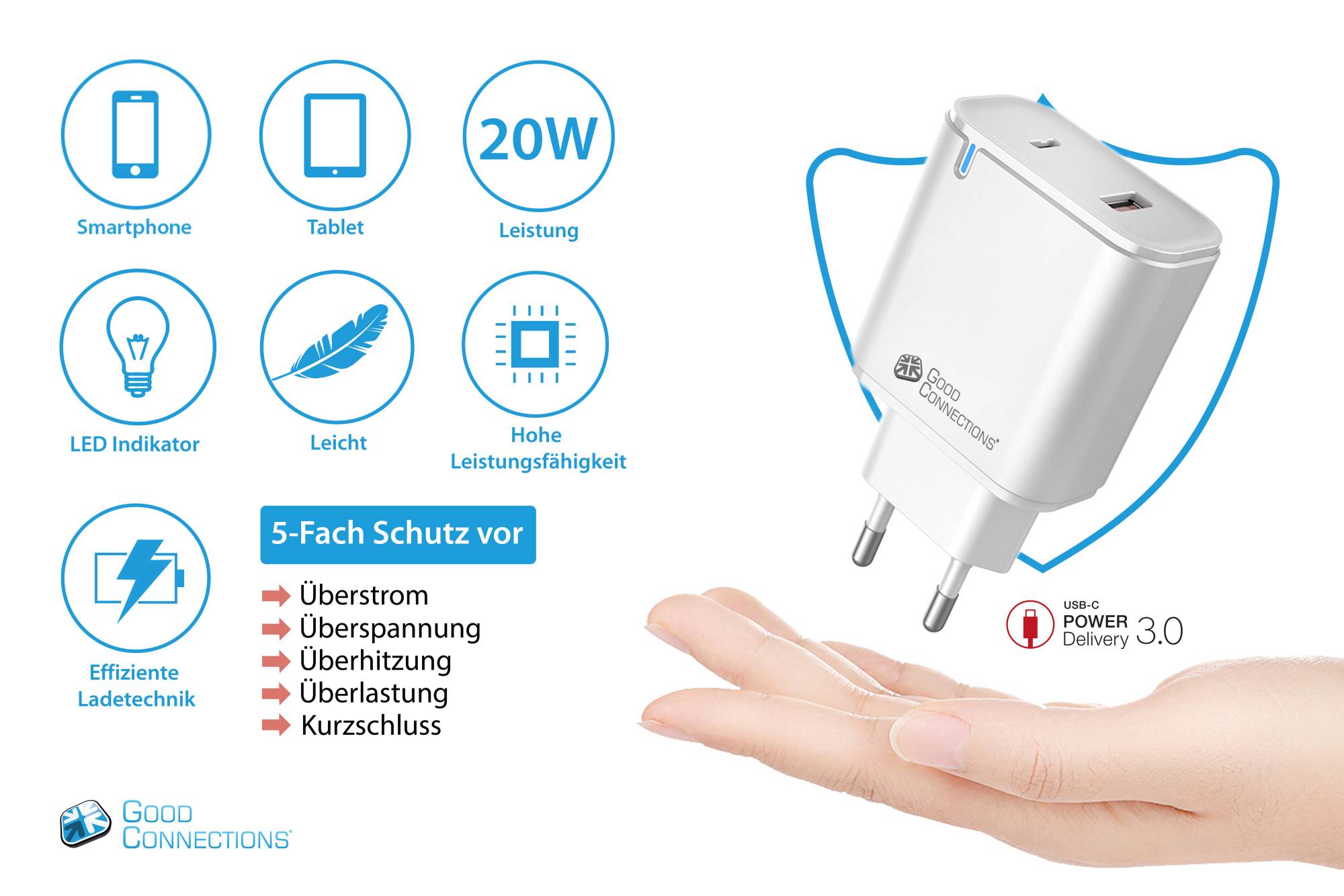 USB-Schnellladegerät 20W, 2-Port (1x USB A, 1x USB C™), PD 3.0, weiß, Good Connections®