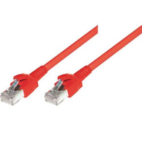Zwei rote Ethernet-Netzwerkkabel mit RJ45-Steckern auf weißem Hintergrund.