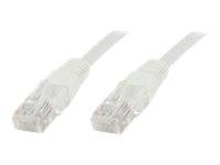 Zwei weiße Ethernet-Kabel mit transparenten Steckern, nebeneinander auf einem schlichten weißen Hintergrund.