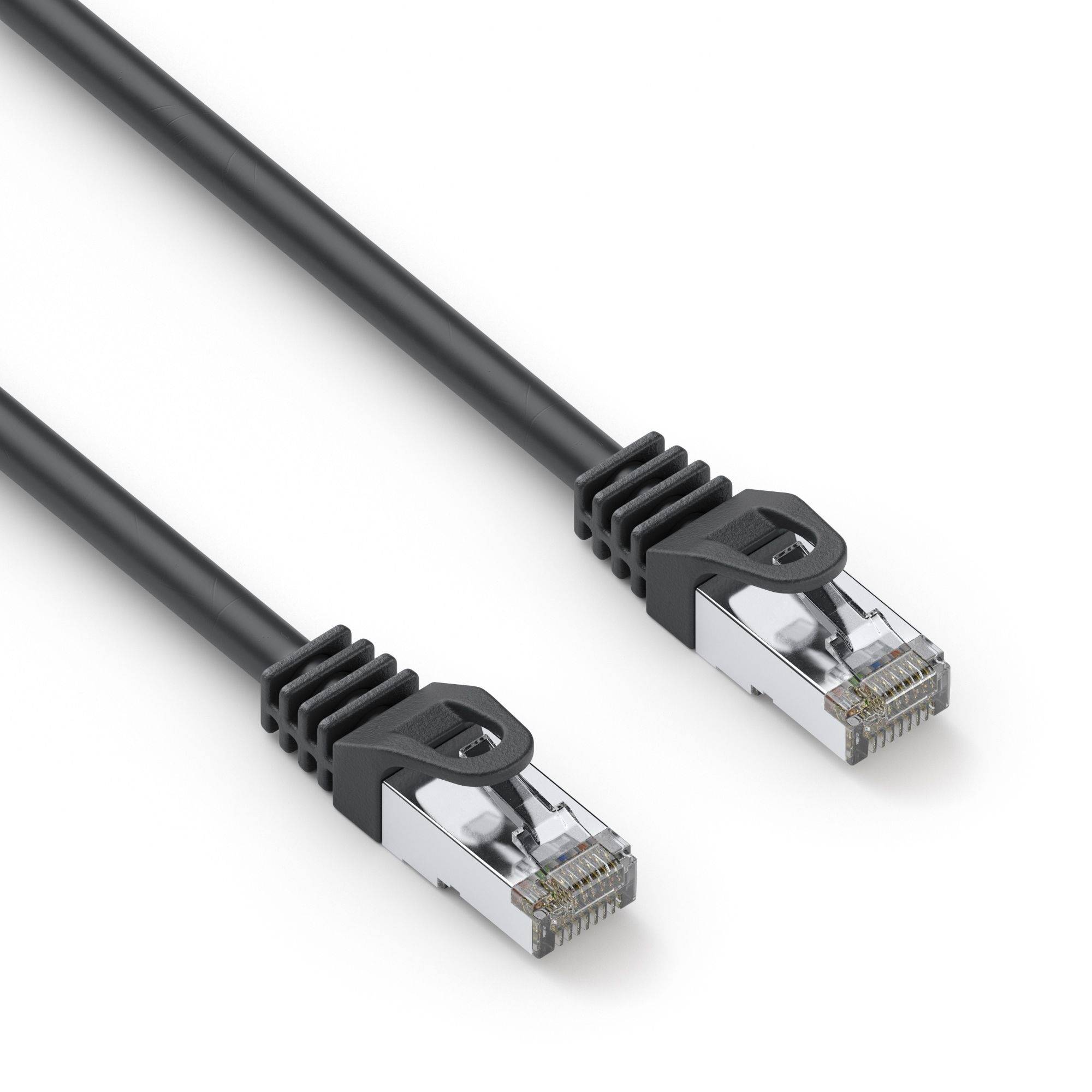 Zwei schwarze Ethernet-Kabel mit RJ45-Steckverbindern auf weißem Hintergrund.
