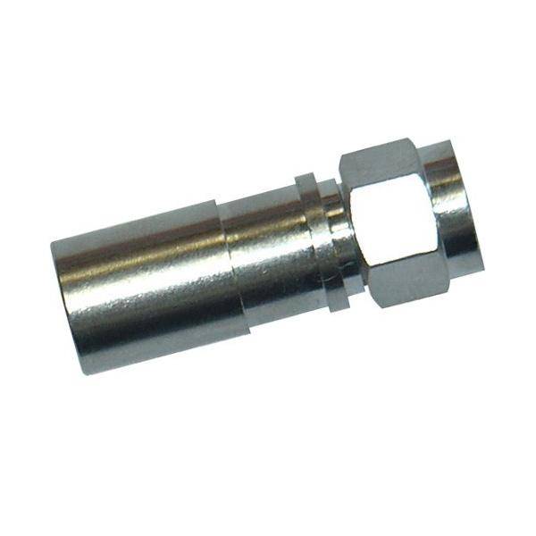 Ein Metallkoaxialkabelanschluss, der sein verschraubtes Ende und die sechseckige Befestigung zeigt, wird verwendet, um Kabel sicher an Geräte anzuschließen.