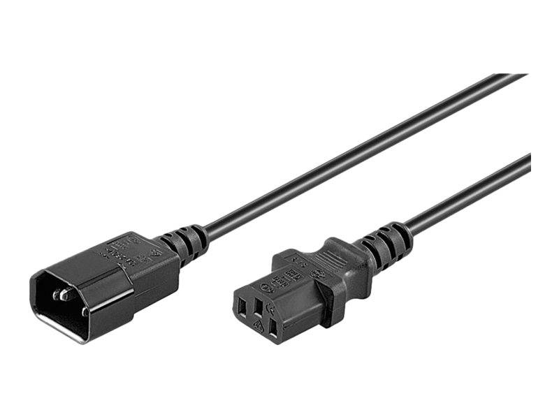 Schwarzes Stromverlängerungskabel mit IEC-C14-Steckern (männlich) und IEC-C13-Buchse (weiblich) auf weißem Hintergrund.