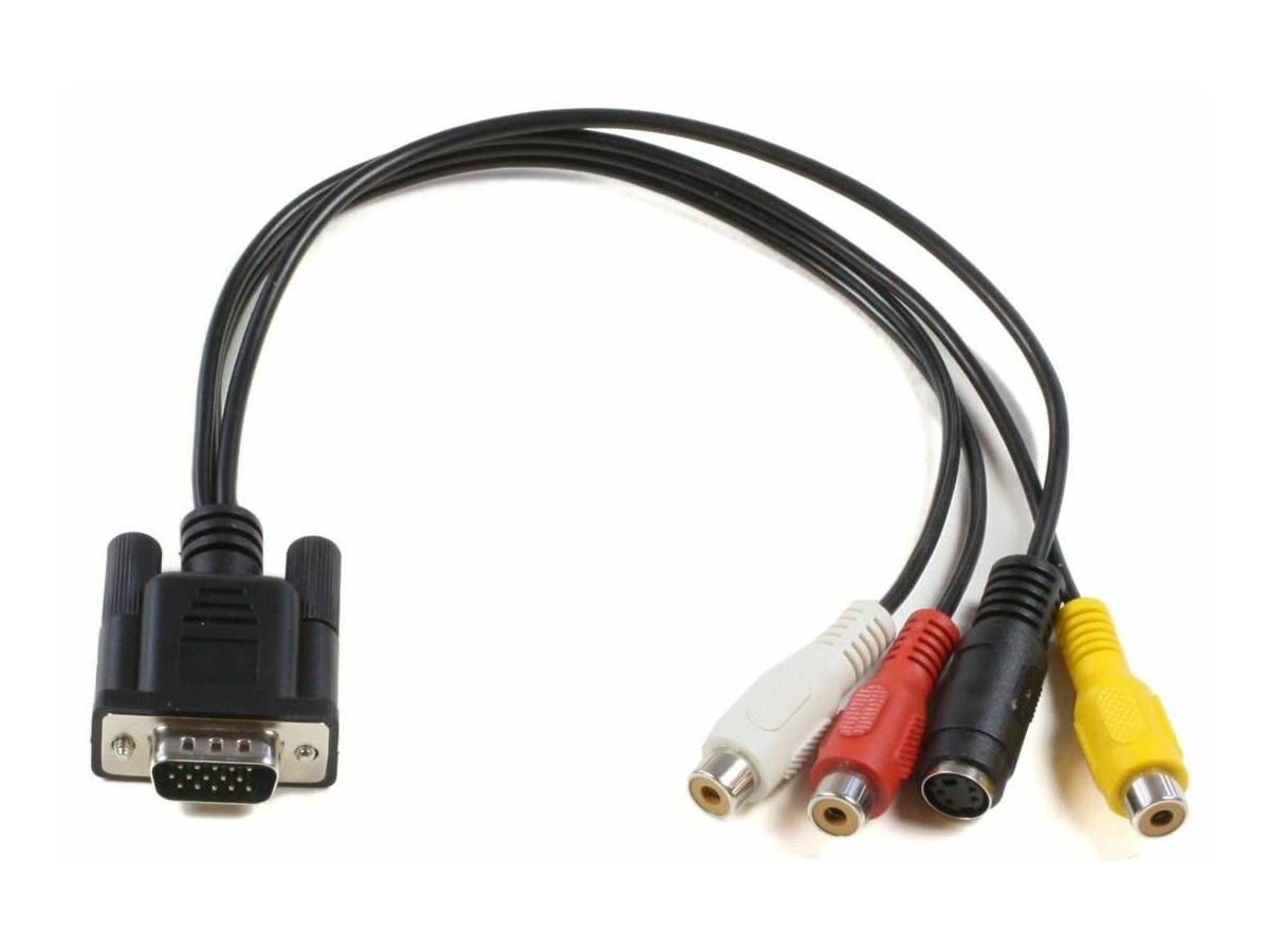 VGA-zu-Composite- und S-Video-Adapterkabel mit vier farblich gekennzeichneten AV-Anschlüssen auf weißem Hintergrund.