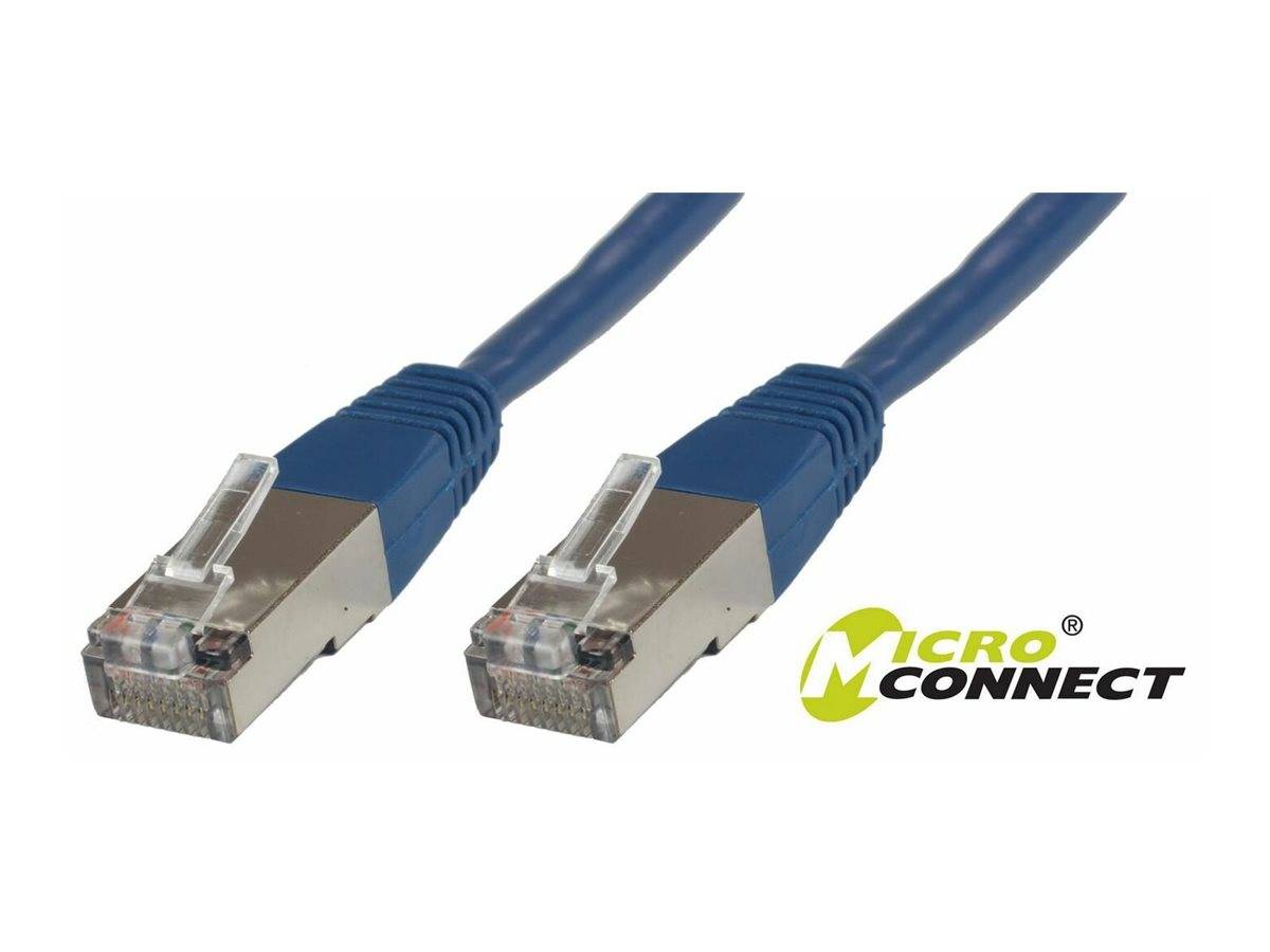 Zwei blaue Ethernet-Kabelverbinder mit dem Micro Connect-Logo auf weißem Hintergrund.