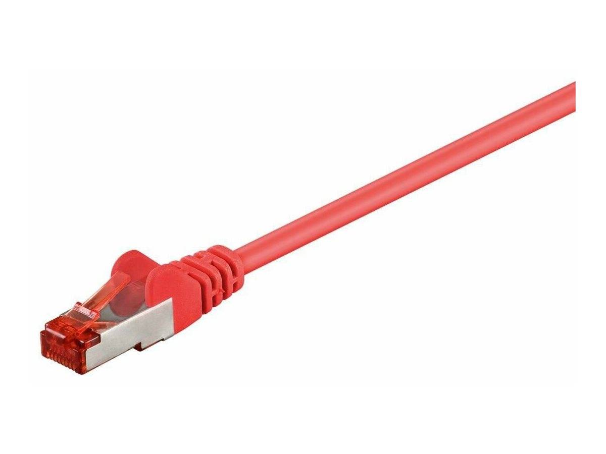 Rotes Ethernet-Kabel mit RJ45-Stecker auf weißem Hintergrund.