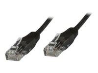 Zwei schwarze Ethernet-Kabel mit transparenten Steckern an jedem Ende, die für Netzwerkverbindungen verwendet werden.