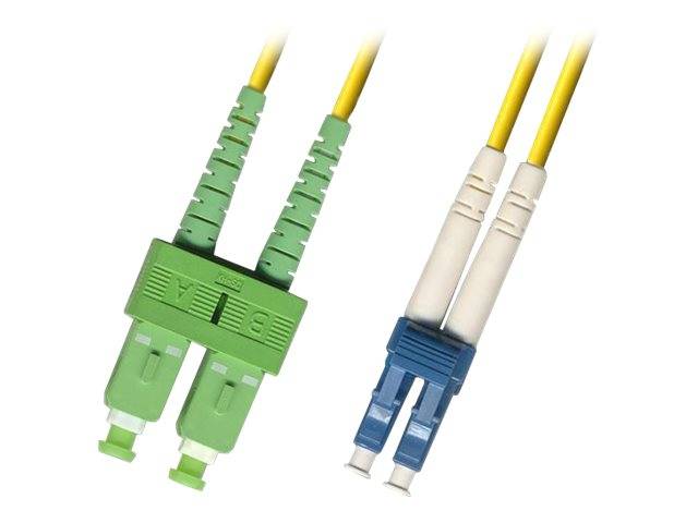 Bild von zwei Lichtwellenleiterkabeln: ein grüner SC-Stecker auf der linken Seite und ein blauer LC-Stecker auf der rechten Seite.