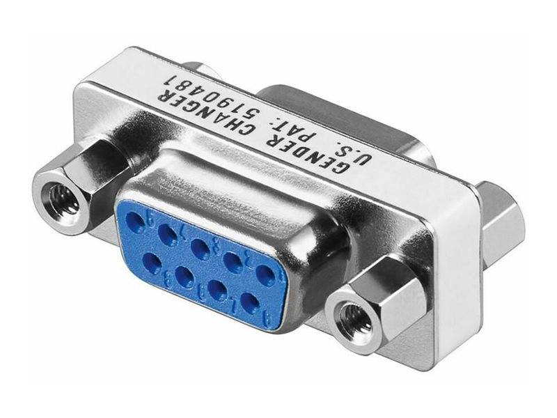 Nahaufnahme eines blauen 15-poligen VGA-Buchse-Adapteranschlusses mit Metallgehäuse und Befestigungsschrauben auf weißem Hintergrund.
