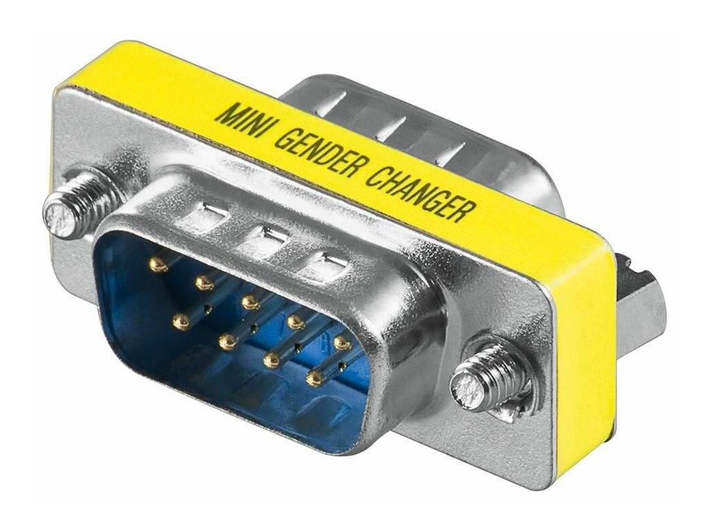 Nahaufnahme eines Mini-Geschlechtswechsel-Adapters mit einem blauen VGA-Stecker und gelbem Etikett mit der Aufschrift „MINI GENDER CHANGER