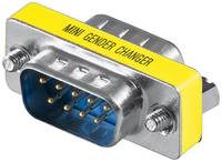 Ein gelber 'Mini Gender Changer'-Adapter mit einem Metallstecker mit mehreren Kontaktstiften, der zum Wechsel von Steckertypen in elektronischen Geräten verwendet wird.