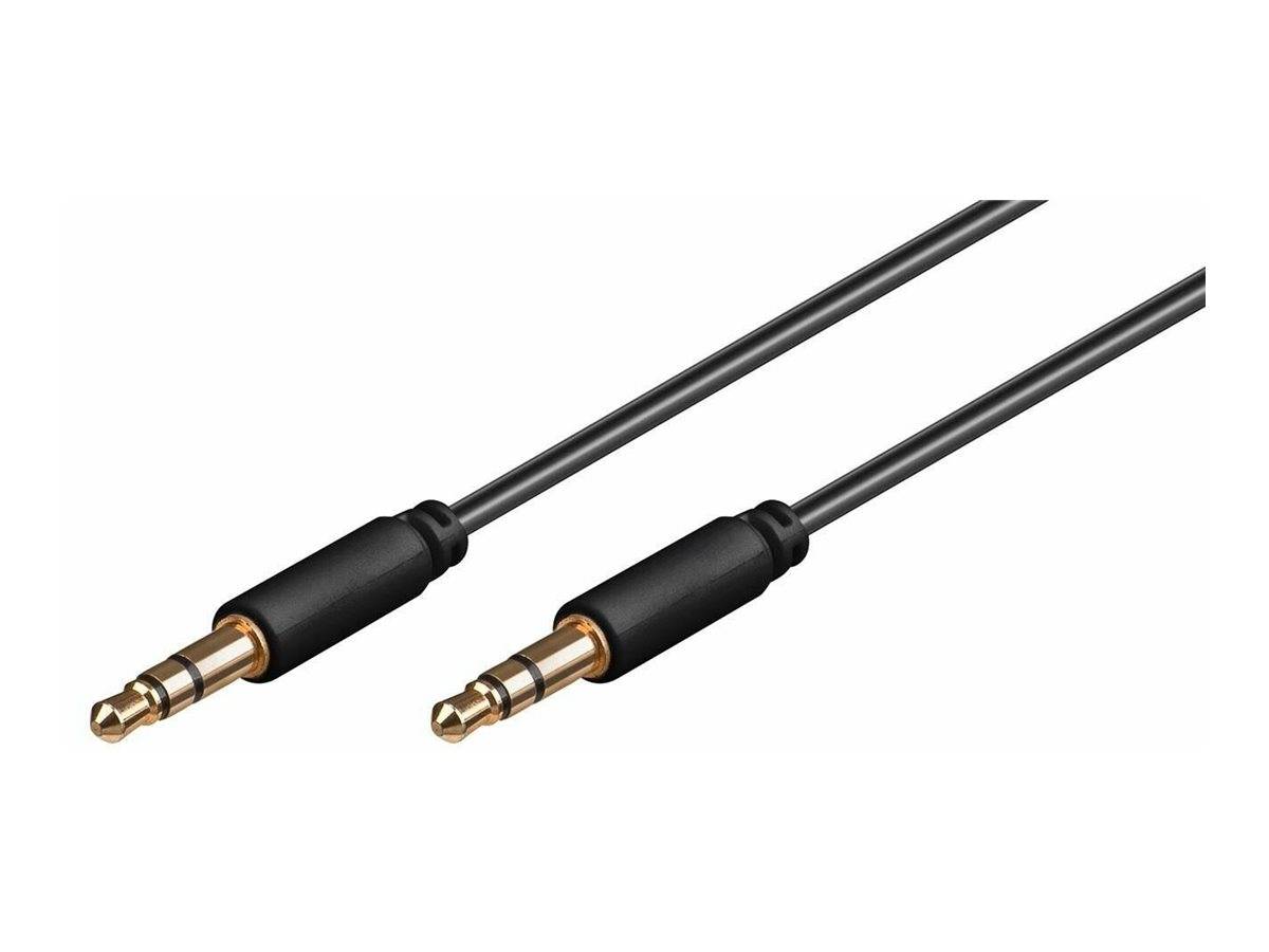 Zwei schwarze 3,5-mm-Audiokabel mit vergoldeten Steckern auf weißem Hintergrund.