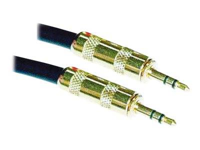 Zwei goldfarbene Audiokabel mit 3,5-mm-Klinkensteckern, verwendet zum Verbinden von Audiogeräten.