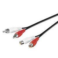 Zwei schwarze Kabel mit roten und weißen RCA-Steckern, die für die Audio- oder Videoübertragung verwendet werden, vor einem einfachen Hintergrund dargestellt.
