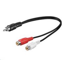Ein schwarzes Audiokabel mit einem männlichen Stecker und zwei weiblichen RCA-Anschlüssen, einer roten und einer weißen, zur Verbindung von Audiogeräten verwendet.