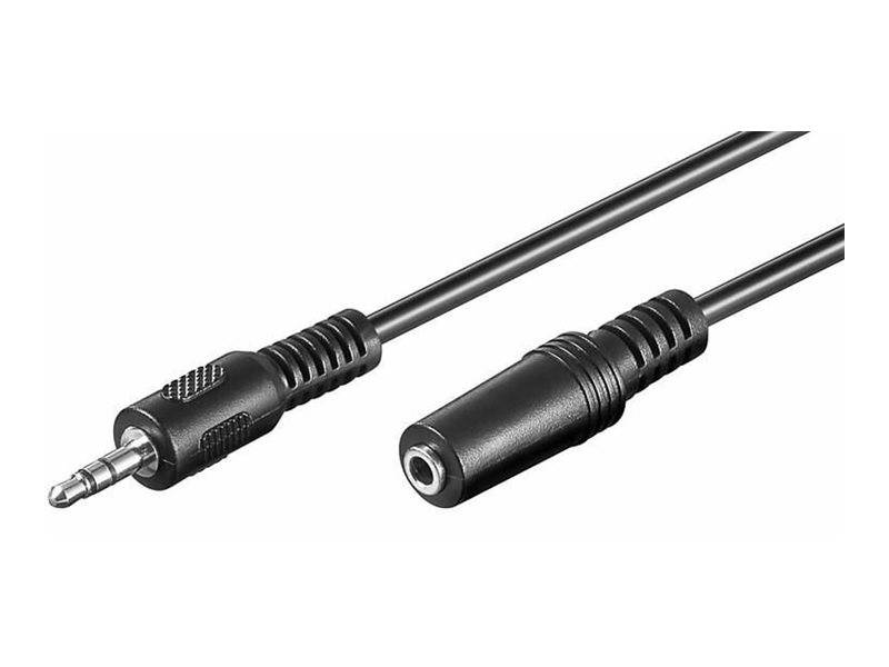 Zwei schwarze Audiokabel mit 3,5-mm-Steckern, zeigen einen Stecker auf der einen Seite und eine Buchse auf der anderen Seite.