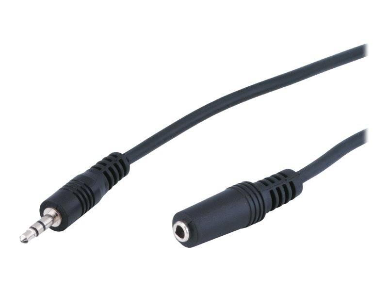 3,5-mm-Audioverleiterungskabel mit Stecker und Buchse auf weißem Hintergrund