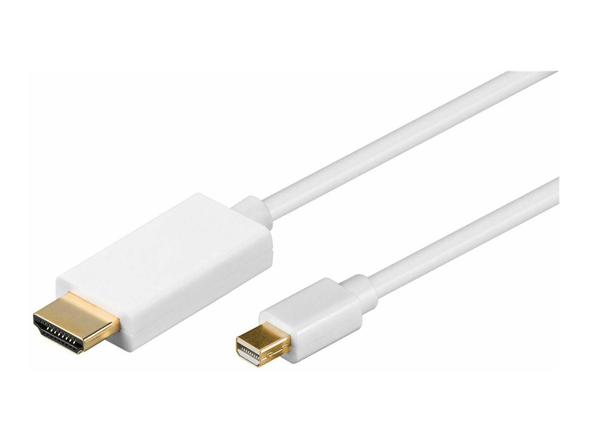 Weißes HDMI-Kabel mit zwei Steckern, einem Standard-HDMI-Stecker und einem Mini-HDMI-Stecker, auf weißem Hintergrund dargestellt.