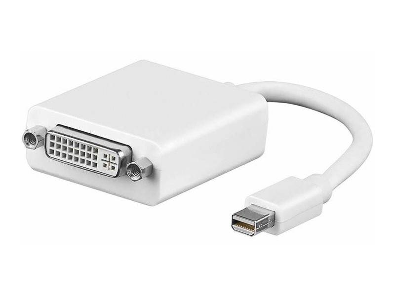 DVI-auf-Mini-DisplayPort-Adapterkabel mit weißem Steckergehäuse und kurzem angebundenem Kabel, das in einem Mini-DisplayPort-Stecker endet.