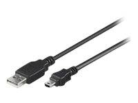Ein schwarzes USB-auf-Mini-USB-Kabel, das beide Anschlüsse zeigt, zum Verbinden von Geräten oder zur Datenübertragung.