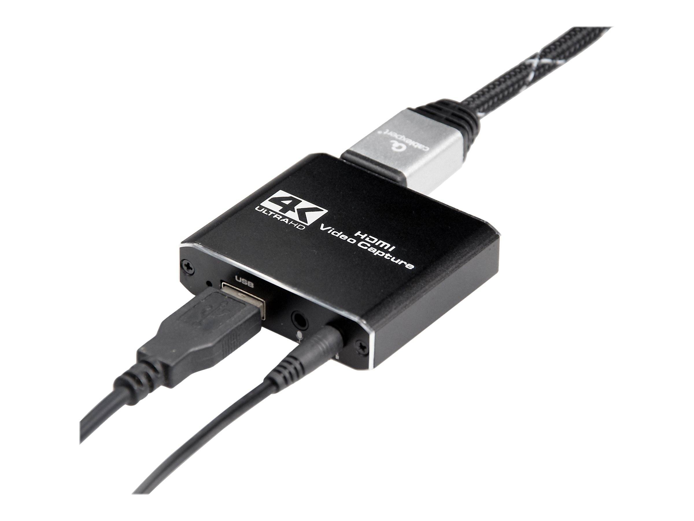 Schwarzes 4K Ultra HD Video-Aufnahmegerät mit HDMI-Eingang und verbundenem USB-Kabel, gezeigt auf weißem Hintergrund.