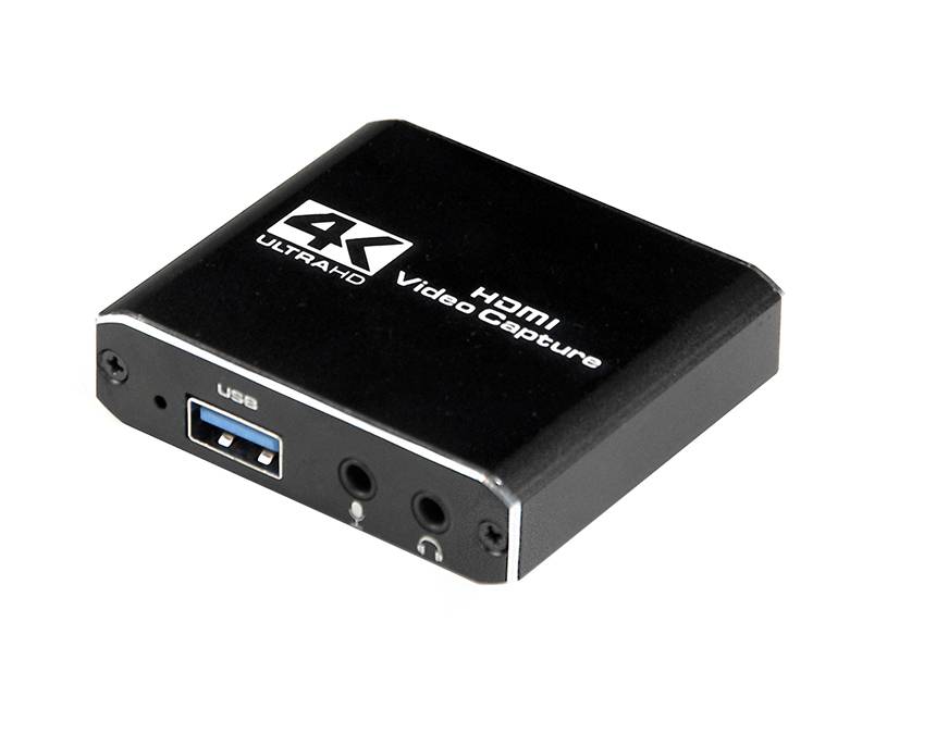 Schwarze 4K HDMI Video-Capture-Box mit USB-Anschluss und vorderen Audioeingängen.