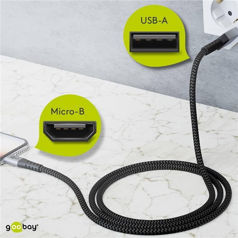 goobay Micro USB auf USB-A Textilkabel mit Metallsteckern space grau/silber 0,5 m (1er Softpack)