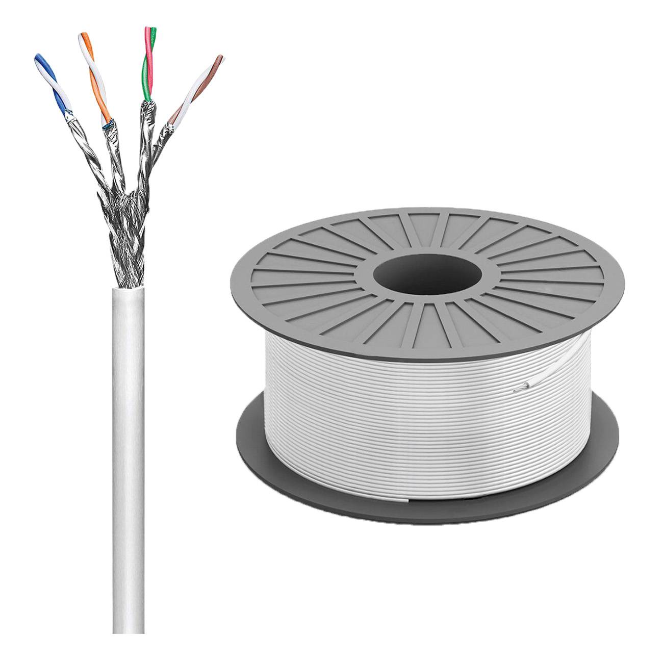 Spule mit mehradrigem Kabel mit freiliegenden farbigen Drahtenden neben der Kabelrolle, die ein industrielles Verdrahtungsprodukt zeigt.