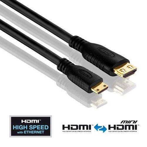HDMI-Kabel mit Standard-HDMI- und Mini-HDMI-Steckern, gezeigt mit HDMI High Speed with Ethernet und HDMI to mini HDMI Logos.