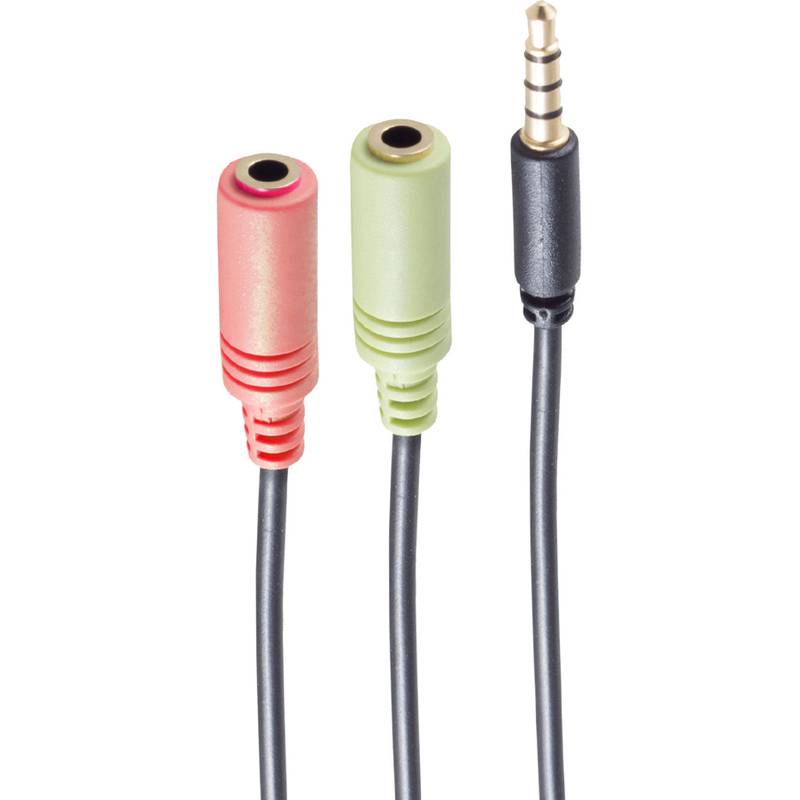 Drei 3,5-mm-Audiobuchsen: rosa Mikrofon, grüne Kopfhörer und schwarzer vierpoliger Stecker auf Kabeln.