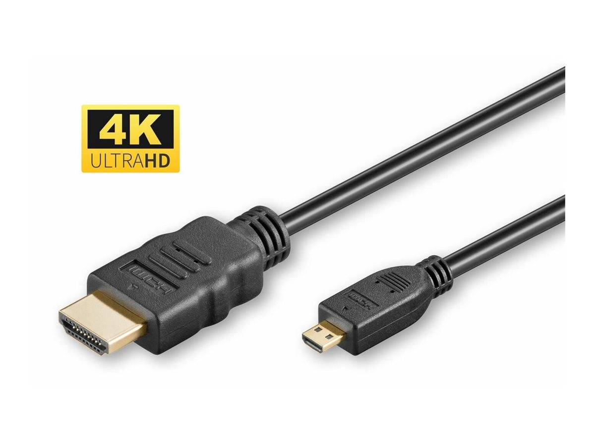 4K Ultra HD HDMI-Kabel mit Vollformat-HDMI-Stecker und Mini-USB-Anschluss, auf weißem Hintergrund dargestellt.