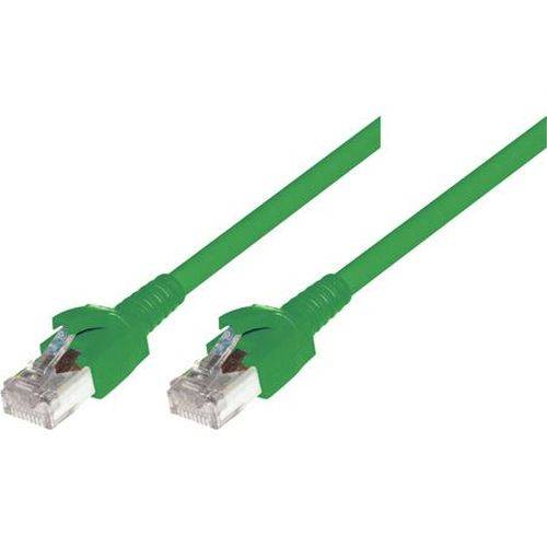 Zwei grüne Ethernet-Netzwerkkabel mit transparenten RJ45-Steckern auf weißem Hintergrund.