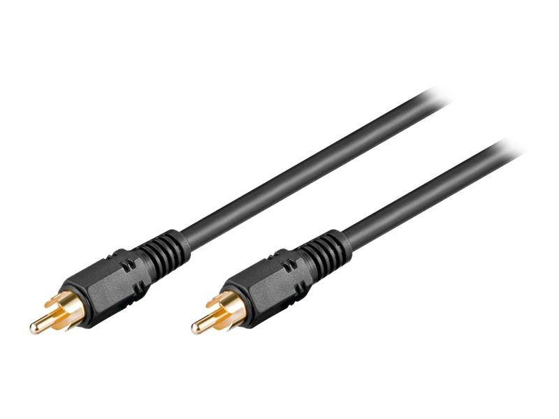 Zwei schwarze RCA-Audiokabel mit vergoldeten Steckern auf weißem Hintergrund.